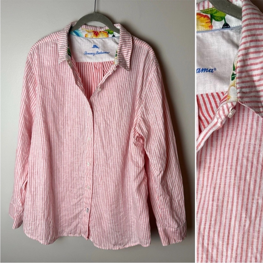 Tommy Bahama Linen Shirt Plus Size 1X Top Long Sleeves Pink White Stripes Button